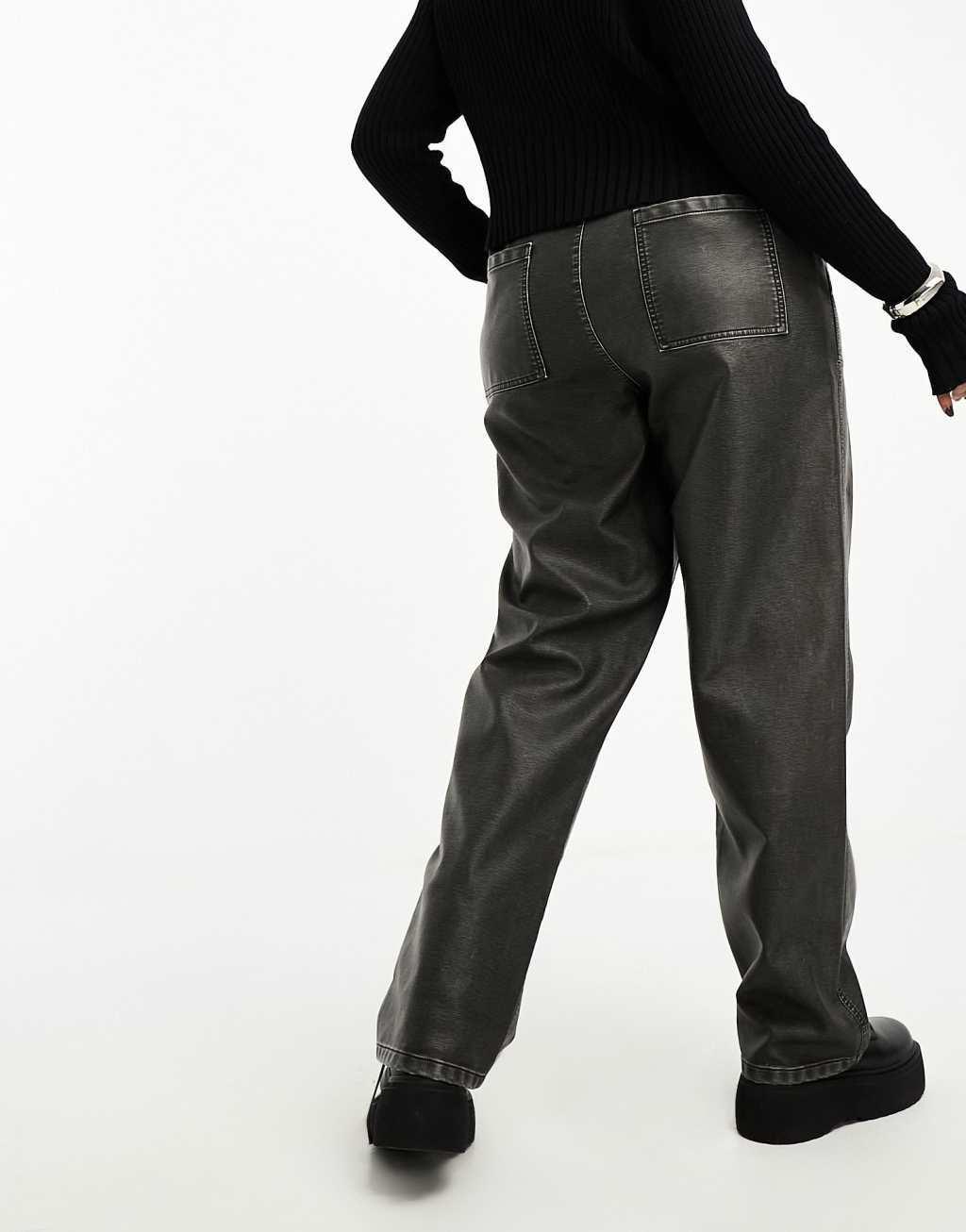 ASOS DESIGN Curve faux leather utility pants with adjustable waist in washed black Product Image