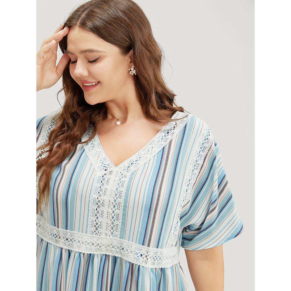 Plus Size Striped Contrast Pocket Lace Batwing Sleeve Midi Dress Blue Women Vacation Patchwork V-neck Short sleeve Curvy Midi Dress BloomChic 28/5X Product Image