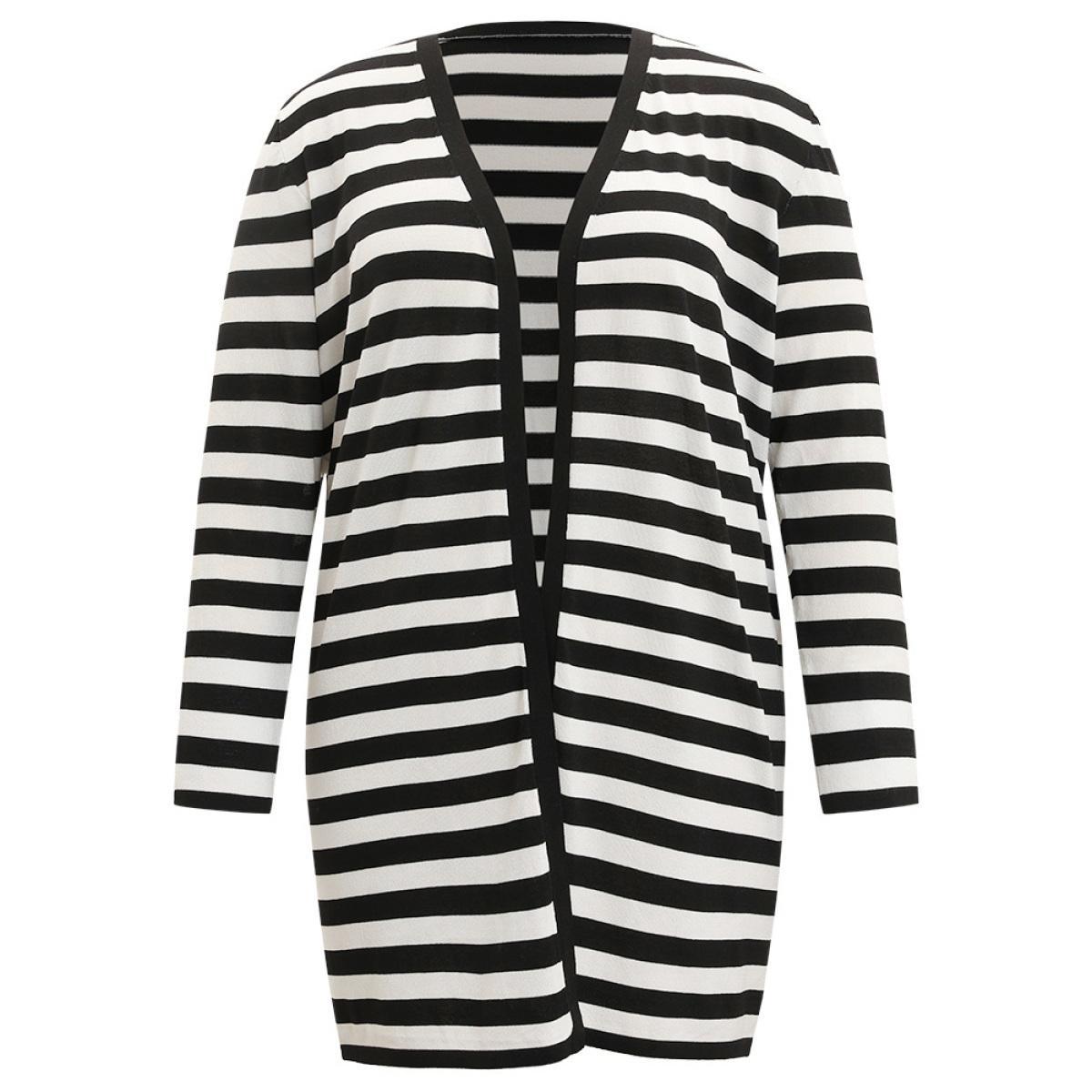 Plus Size Striped Open Front Drop Shoulder Tunic Cardigan Black Women Casual Loose Long Sleeve Dailywear Cardigans BloomChic 18-20/2X Product Image