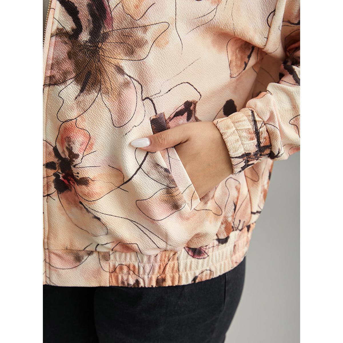 Plus Size Floral Zipper Gathered Elastic Cuffs Jacket Women Multicolor Elastic cuffs Pocket Dailywear Jackets BloomChic 26/4X Product Image