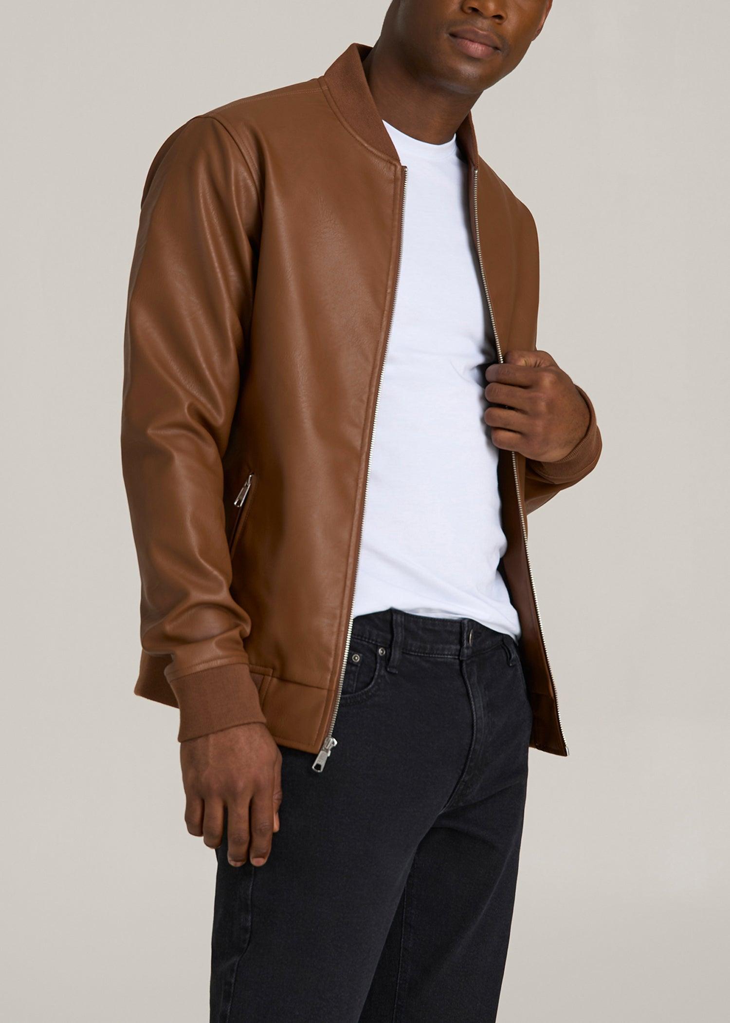 Faux Leather Bomber Jacket for Tall Men in Aztec Brown Product Image