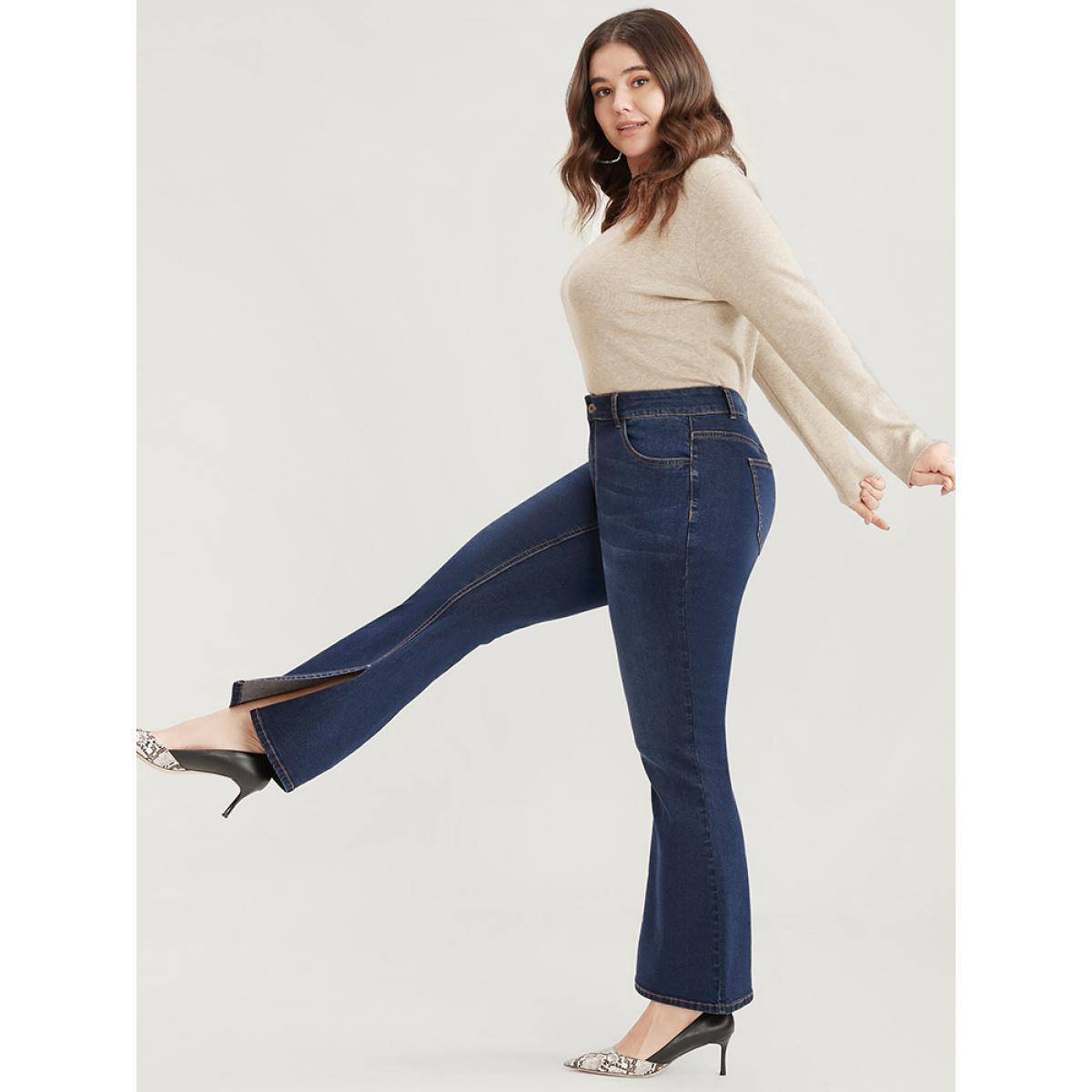 Plus Size Bootcut Very Stretchy High Rise Dark Wash Split Hem Jeans Women DarkBlue Casual Plain Pocket High stretch Side seam pocket Jeans BloomChic 10/M Product Image