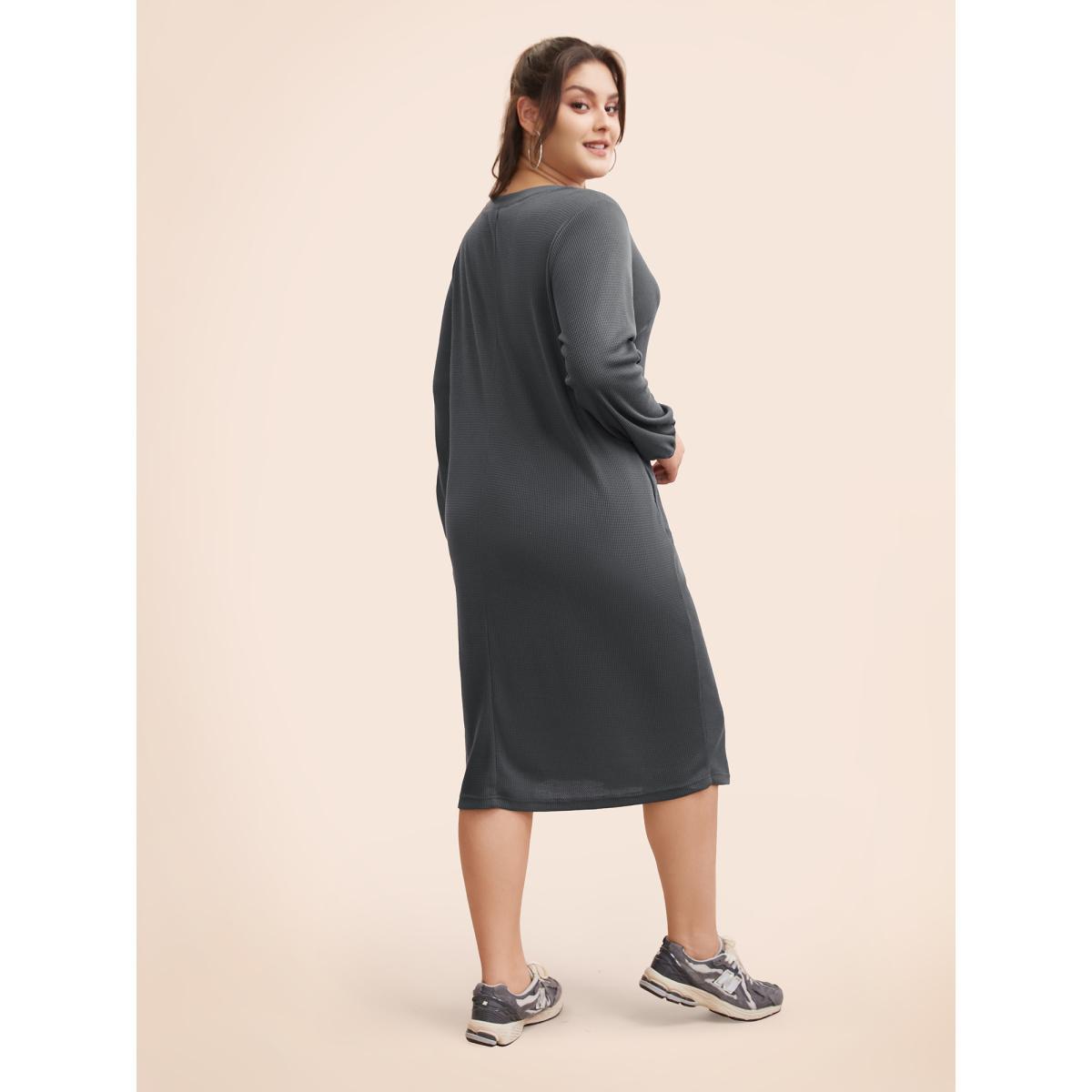 Plus Size Notched Waffle Knit Button Detail Dress DarkGray Women Casual Texture Notched collar Long Sleeve Curvy BloomChic 10/M Product Image