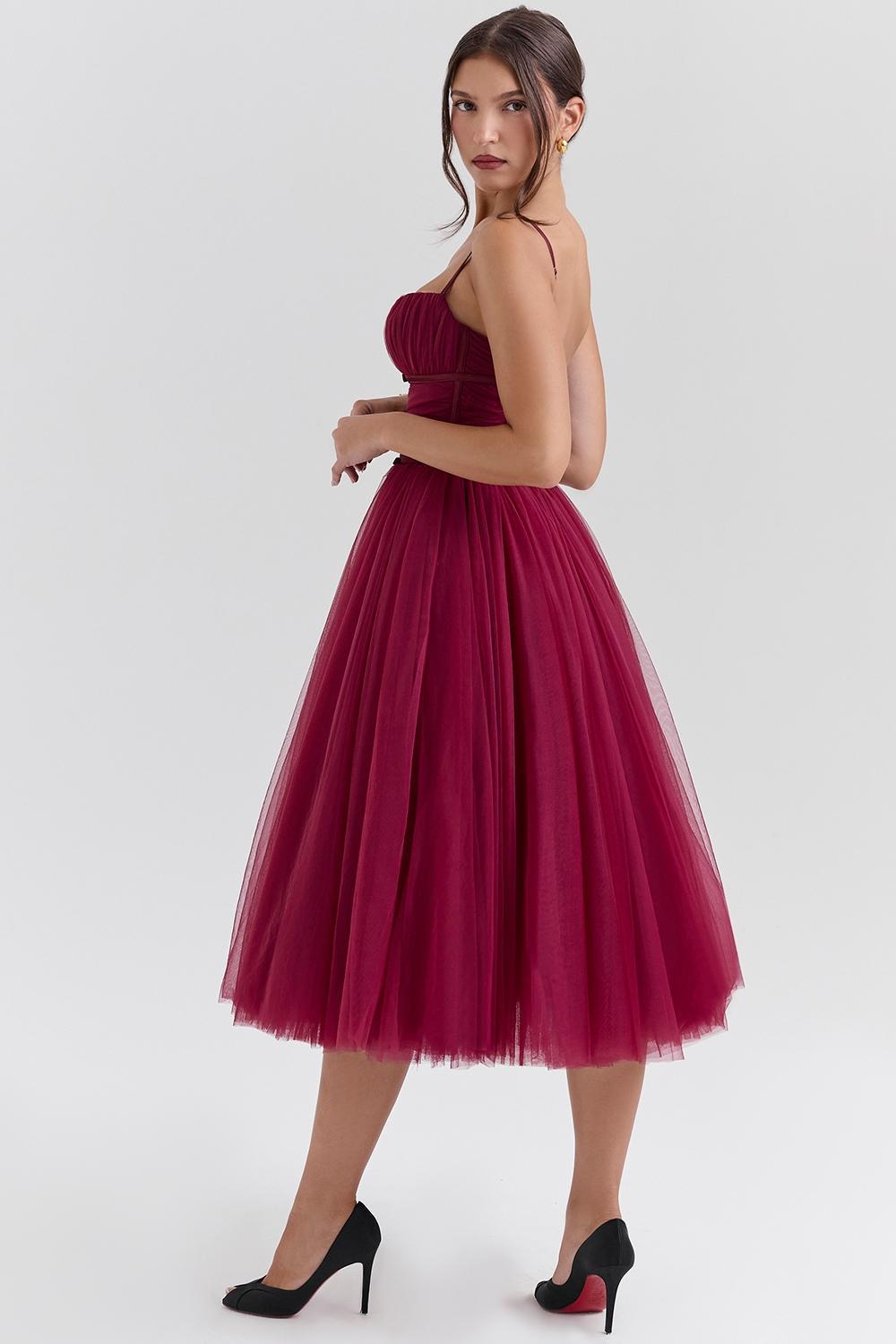 Countess Cabernet Tulle Midi Dress Product Image