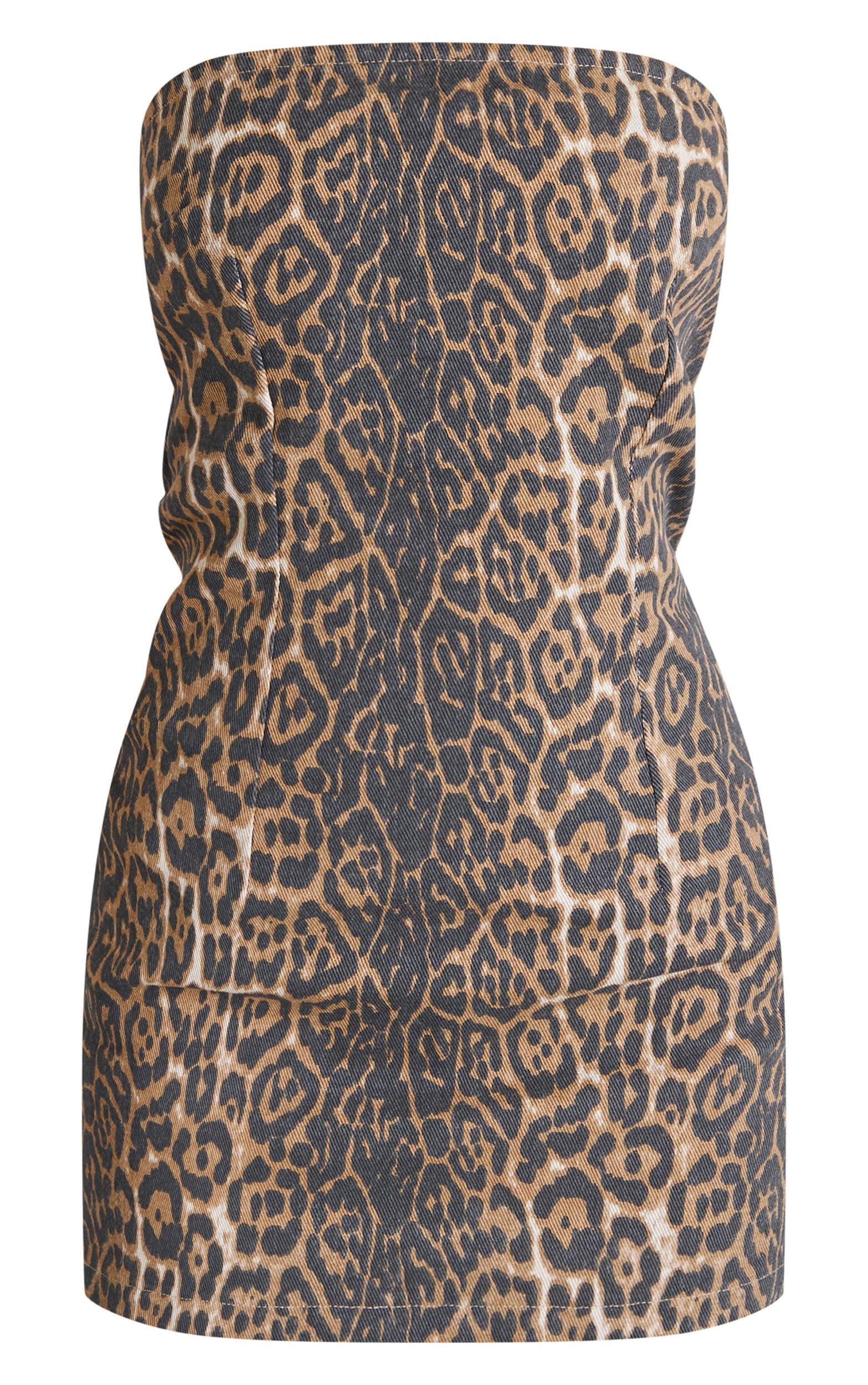 Petite Leopard Print Bandeau Denim Mini Dress Product Image