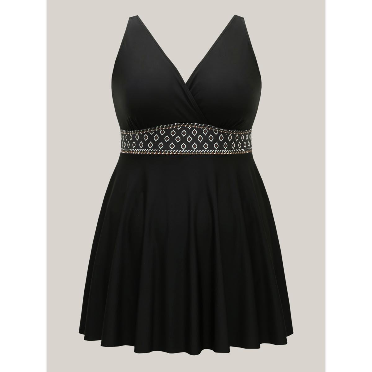 Plus Size Shell Embroidered Surplice Neck Swim Dress Women's Swimwear Black Beach Bodycon Overlap Collar High stretch Curve Swim Dresses BloomChic 22-24/3X Product Image