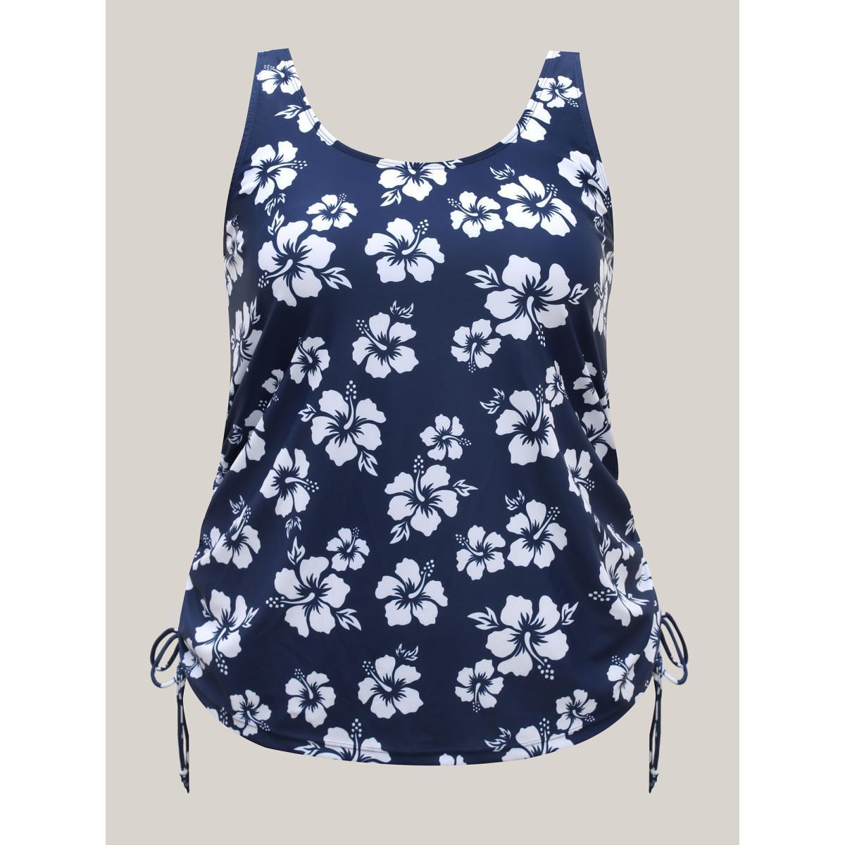 Plus Size Floral Print Adjustable Drawstring Swim Top Women's Swimwear Indigo Beach Drawstring High stretch Bodycon U-neck Curve Swim Tops BloomChic 12/L Product Image