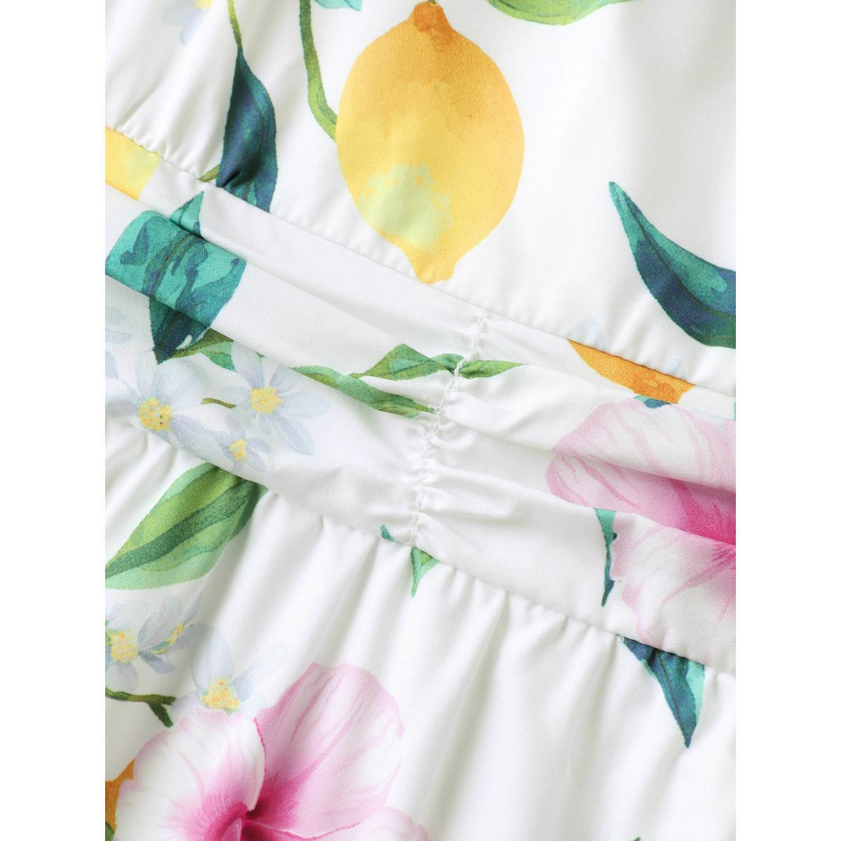 Plus Size Large Floral Pattern Pleated Waist Midi Dress WhiteSmoke Women Halter neck Sleeveless Curvy BloomChic 12/L Product Image