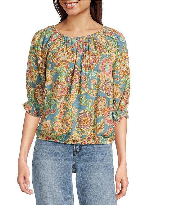 Democracy Woven Novelty Print Scoop Neck Elbow Blouson Sleeve Bubble Hem Top Product Image