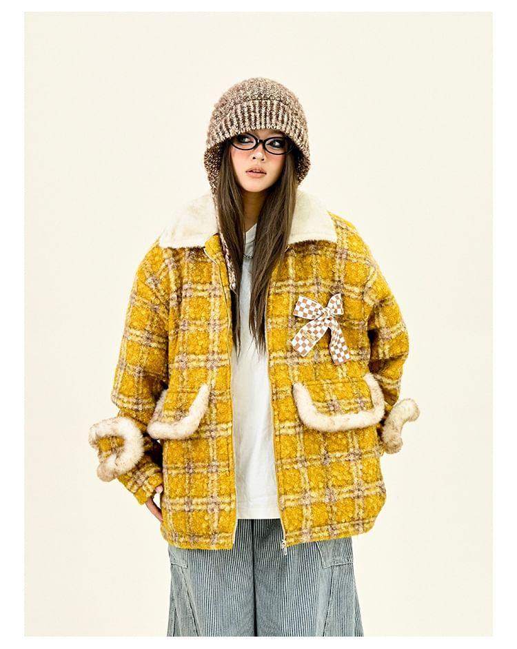 Lapel Collar Plaid Bow Detail Oversized Zip Coat Product Image