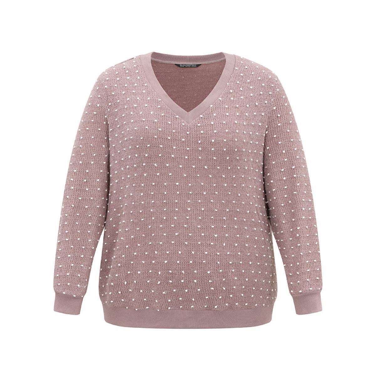 Plus Size Polka Dot Textured V Neck Rib Knit Sweatshirt Women Mauve Casual Rib Knit V-neck Dailywear Sweatshirts BloomChic 12/L Product Image