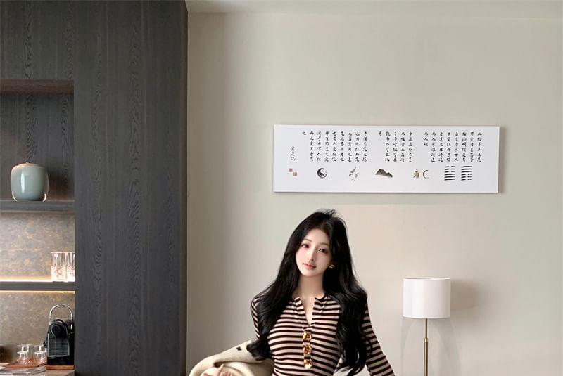 Long-Sleeve Notch Neck Striped Maxi Sheath Dress Product Image