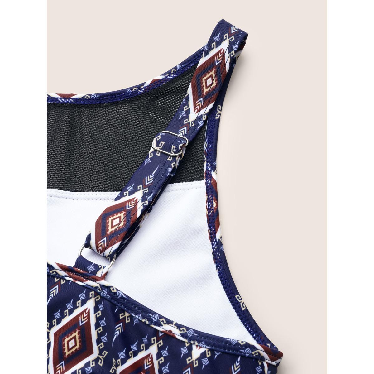 Plus Size Boho Print Twist Front Patchwork Mesh Swim Top Women's Swimwear Indigo Beach Twist High stretch Bodycon Round Neck Curve Swim Tops BloomChic 18-20/2X Product Image