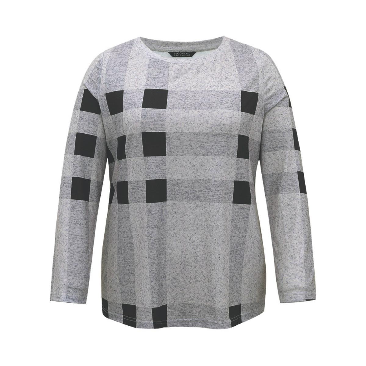 Plus Size Plaid Print Contrast Round Neck T-shirt LightGray Women Casual Contrast Plaid Round Neck Everyday T-shirts BloomChic 28/5X Product Image
