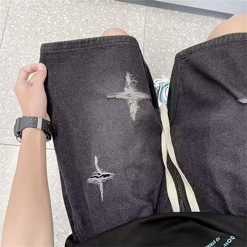 Drawstring Waist Distressed Denim Shorts Product Image