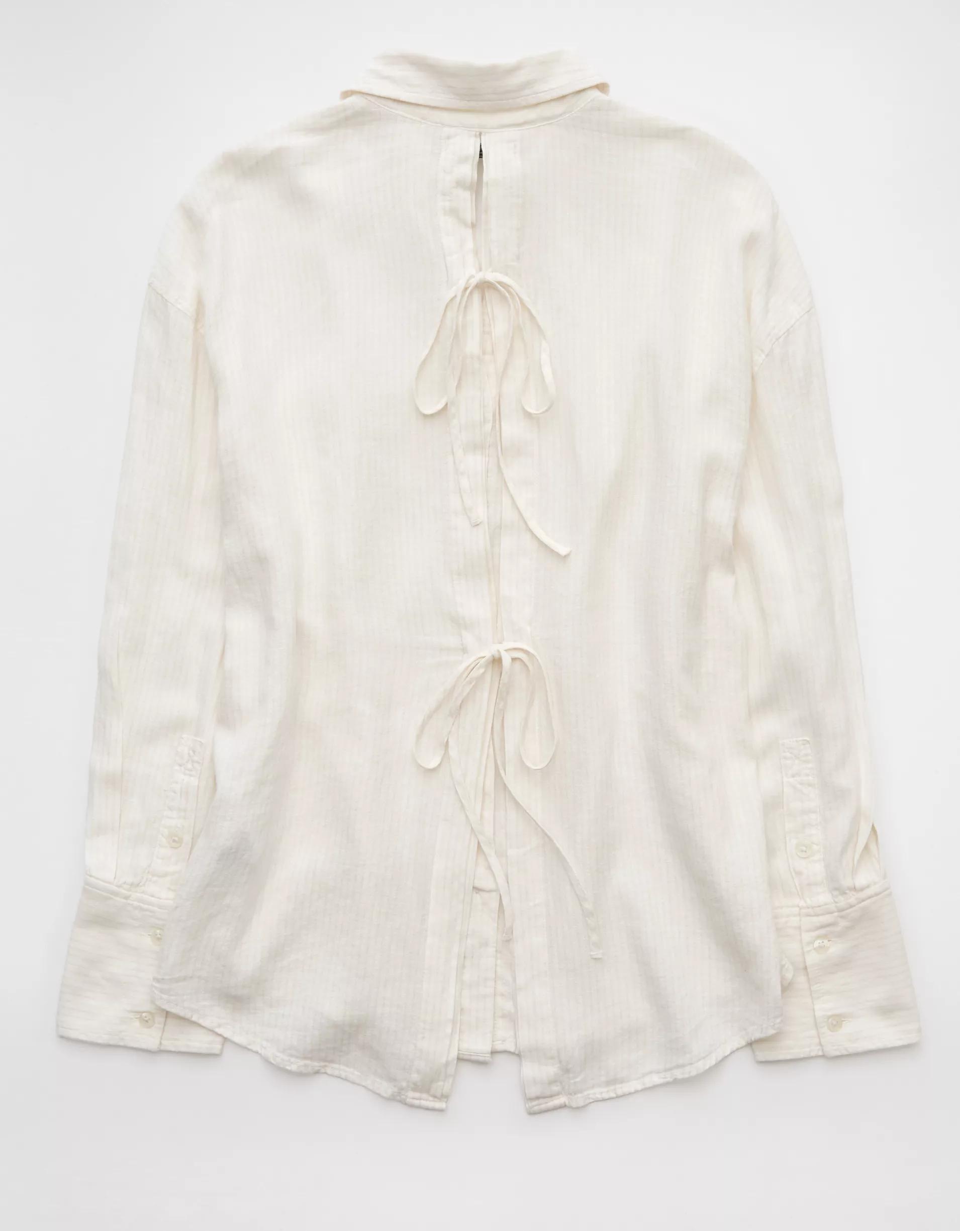 AE Linen-Blend Long-Sleeve Tie Back Button-Up Shirt Product Image