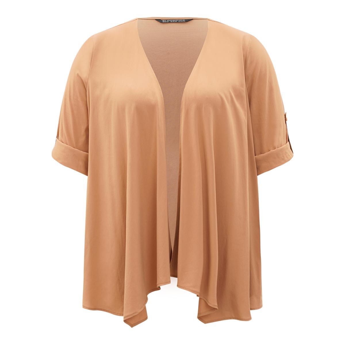 Plus Size Supersoft Essentials Plain Pocket Button Asymmetrical Hem Kimono Women Tan Casual Asymmetrical Pocket Dailywear Kimonos BloomChic 10/M Product Image
