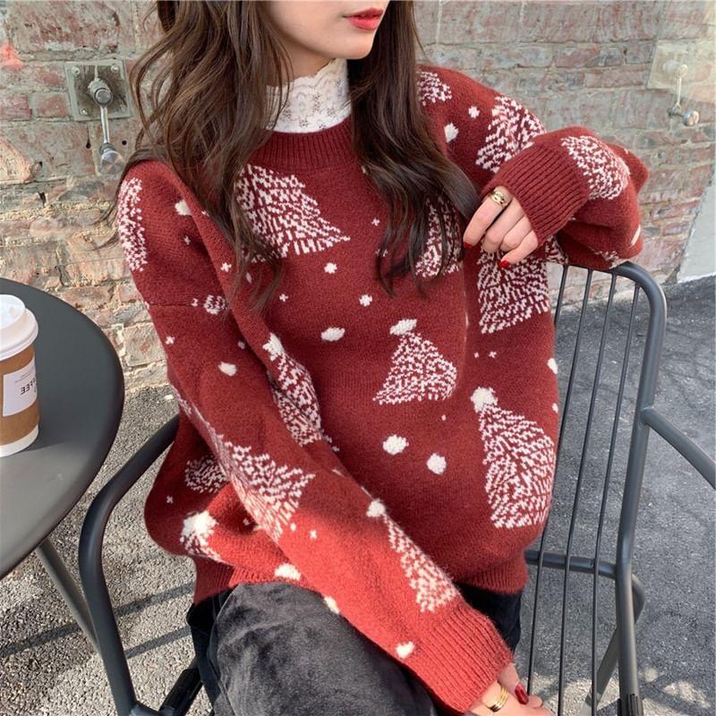 Long-Sleeve Round Neck Christmas Tree Print Sweater Product Image