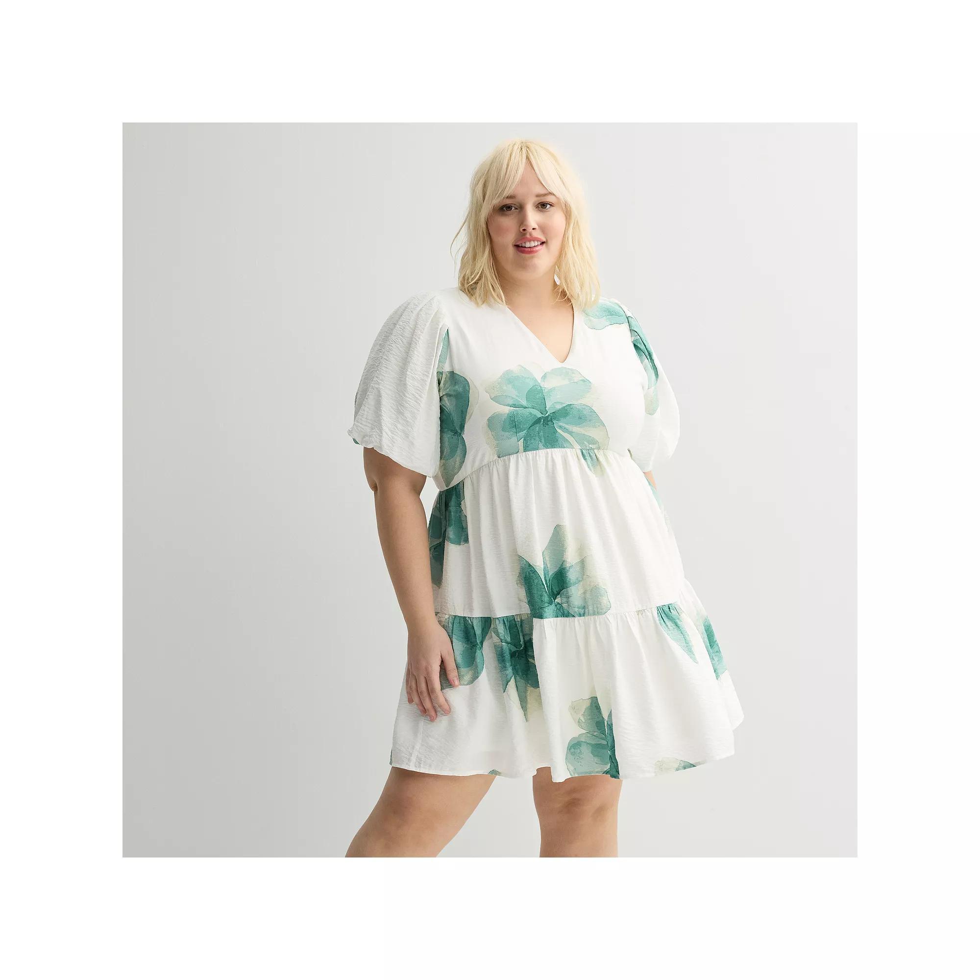 Plus Size Nine West Bubble Sleeve Babydoll Dress, Women's, Size: 2XL, White Anna Blooms Product Image