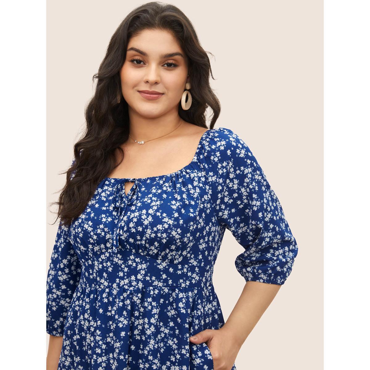 Plus Size Ditsy Floral Pocket Tie Neck Shirred Dress Navy Women Elegant Non Notched collar Elbow-length sleeve Curvy Midi Dress BloomChic 14-16/1X Product Image
