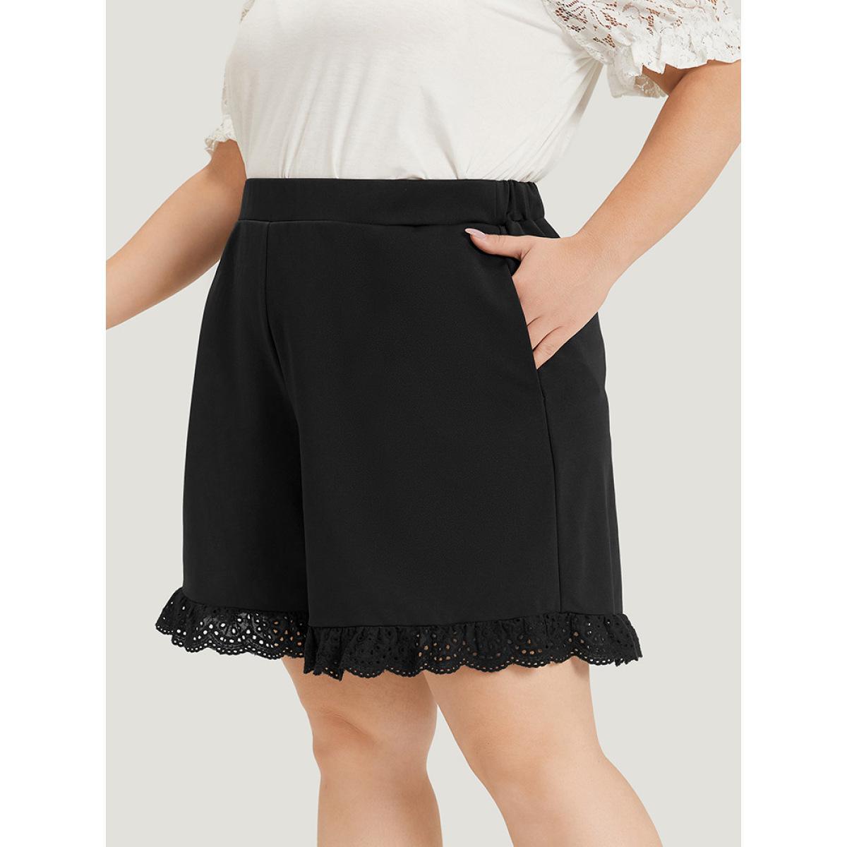 Plus Size Solid Broderie Anglaise Pocket Elastic Waist Shorts Women Black Elegant Plain Dailywear Shorts BloomChic 12/L Product Image