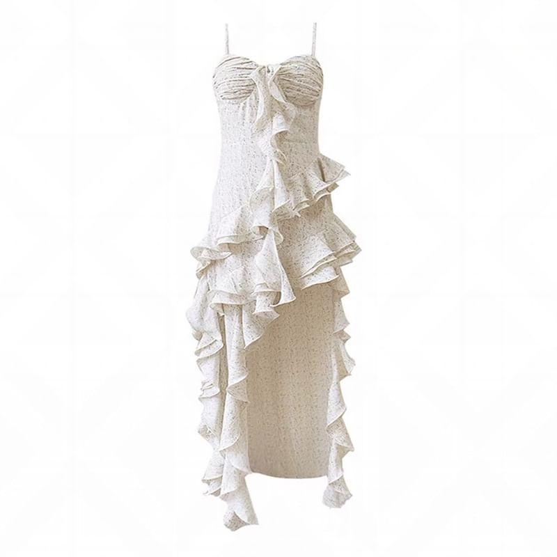 Spaghetti Strap Patterned Print Ruffle Asymmetrical High-Low A-Line Dress Product Image