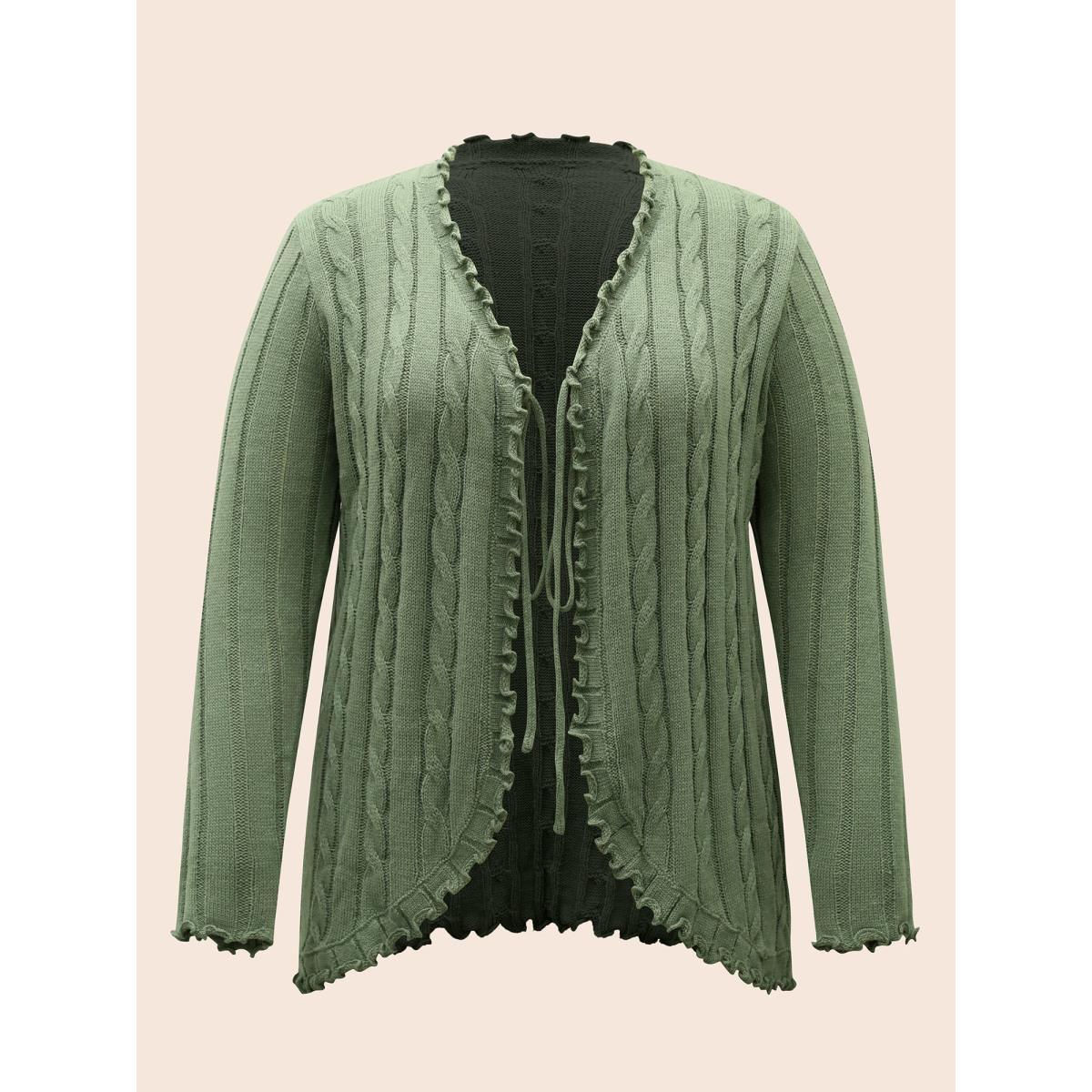 Plus Size Cable Knit Tie Knot Frill Trim Cardigan Greenbean Women Casual Loose Long Sleeve Everyday Cardigans BloomChic 28/5X Product Image