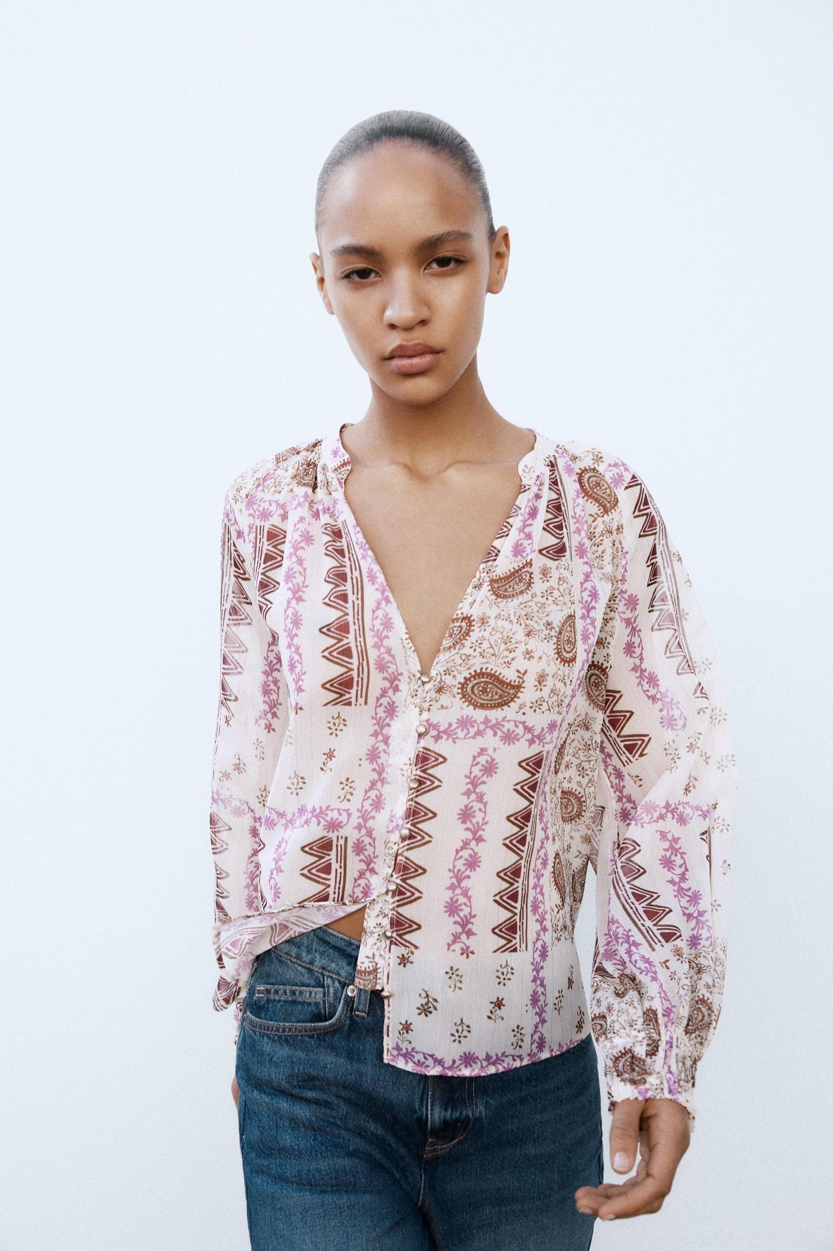 PATCHWORK PRINT SEMI-SHEER BLOUSE Product Image
