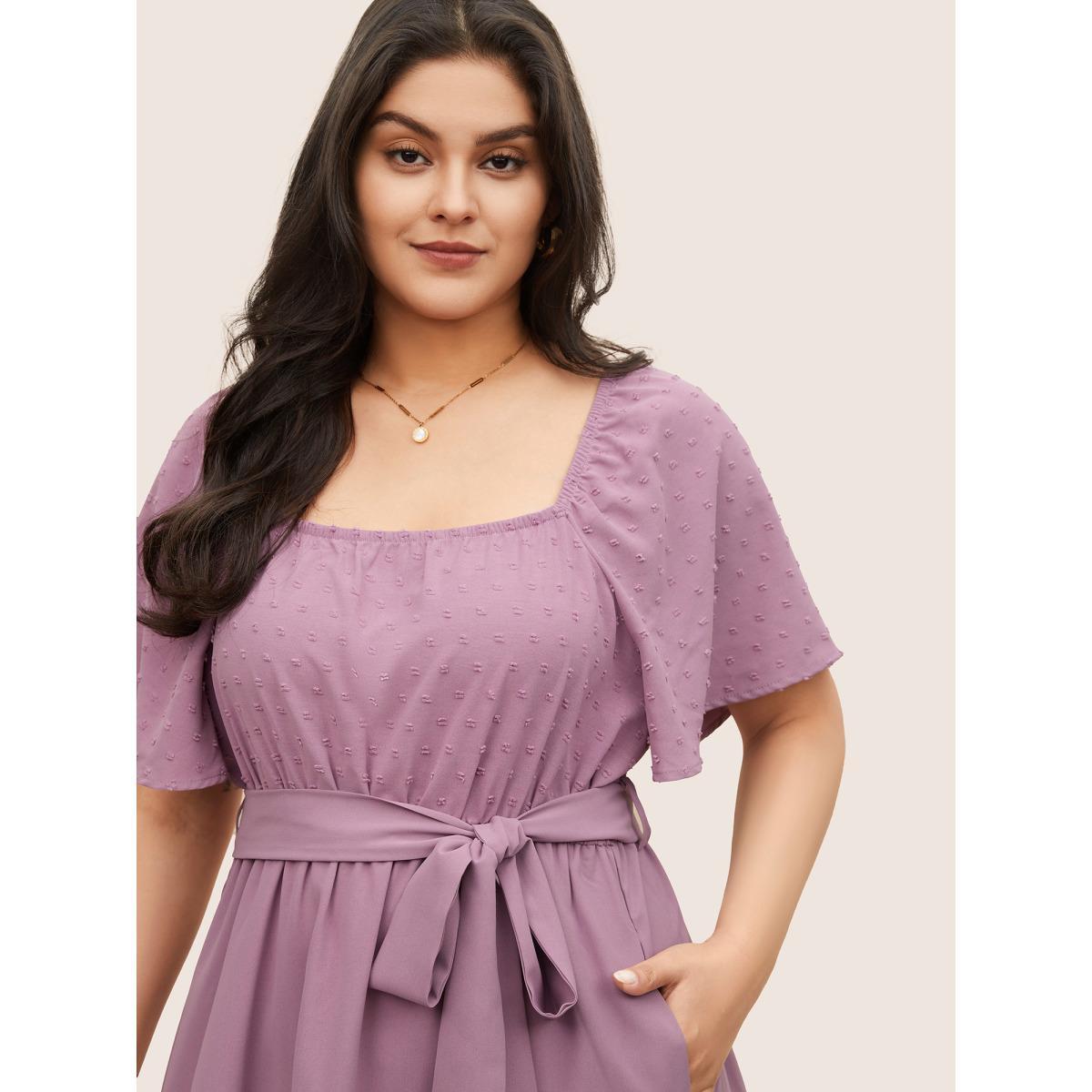 Plus Size Plain Textured Ruffle Layered Hem Belted Dress Lilac Women Elegant Non Square Neck Short sleeve Curvy Midi Dress BloomChic 10/M Product Image