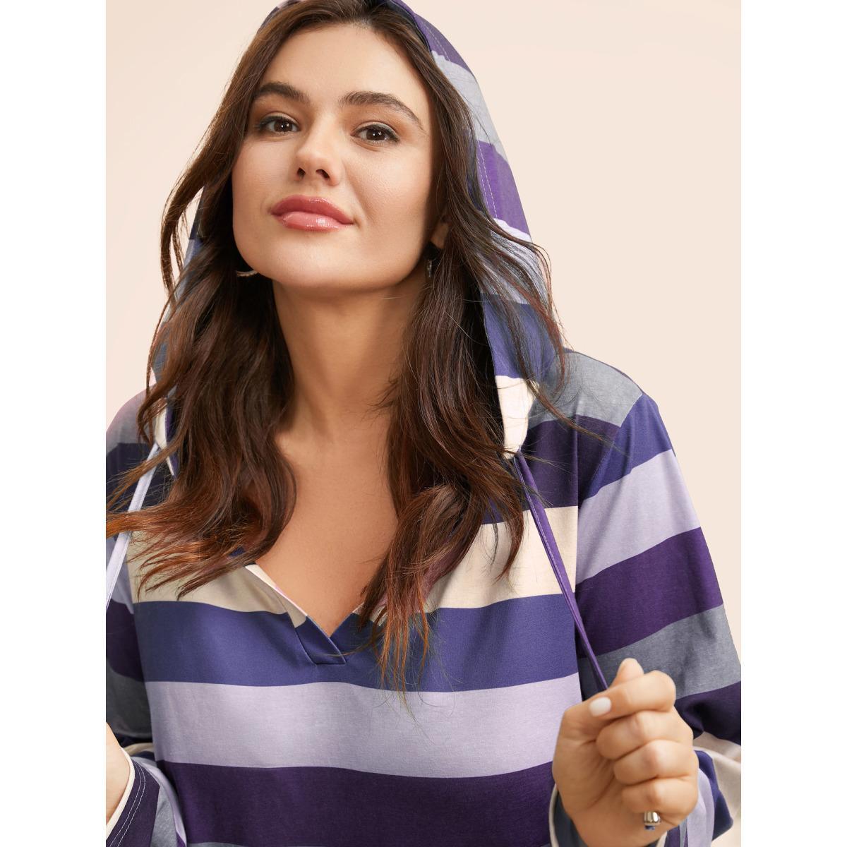 Plus Size Contrast Striped Hooded Drawstring T-shirt Eggplant Women Casual Drawstring Hooded Everyday T-shirts BloomChic 22-24/3X Product Image
