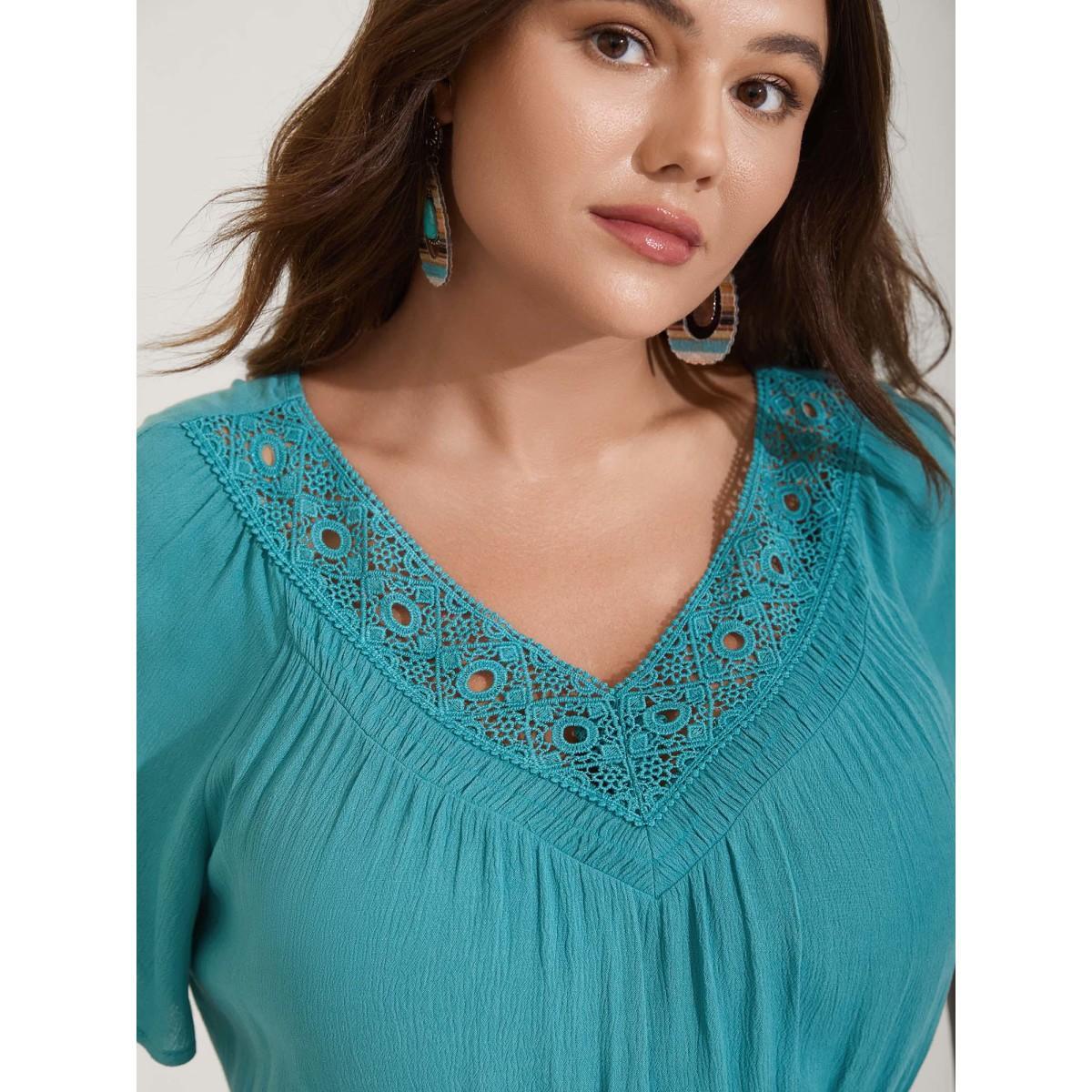 Plus Size Lace Neck Flared Sleeve Midi Dress Arctic Women V-neck Short sleeve Curvy BloomChic 22-24/3X Product Image