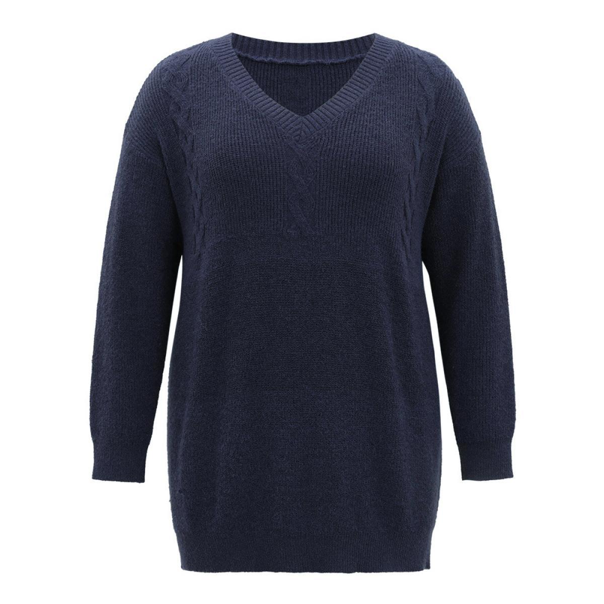 Plus Size Anti-Pilling Solid Cable Knit Button Detail Pullover Indigo Women Casual Loose Long Sleeve V-neck Dailywear Pullovers BloomChic 22-24/3X Product Image