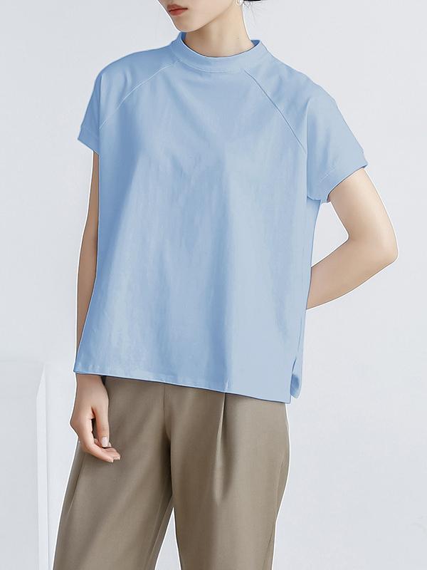 Casual Short Sleeves Loose Solid Color Stand Collar T-Shirts Tops Product Image