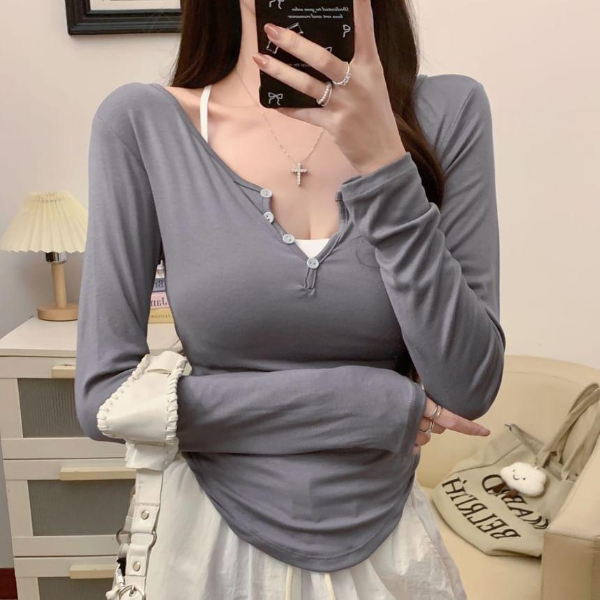 Set: Long Sleeve V-Neck Plain Button Tee + Camisole Top Product Image
