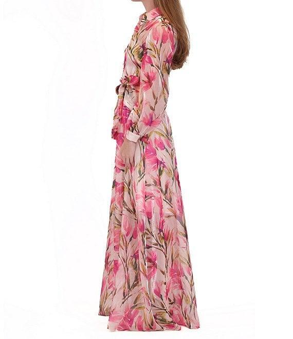 Julia Jordan Floral Print Chiffon Point Collar Neck Belted Button Front Maxi Shirt Dress Product Image