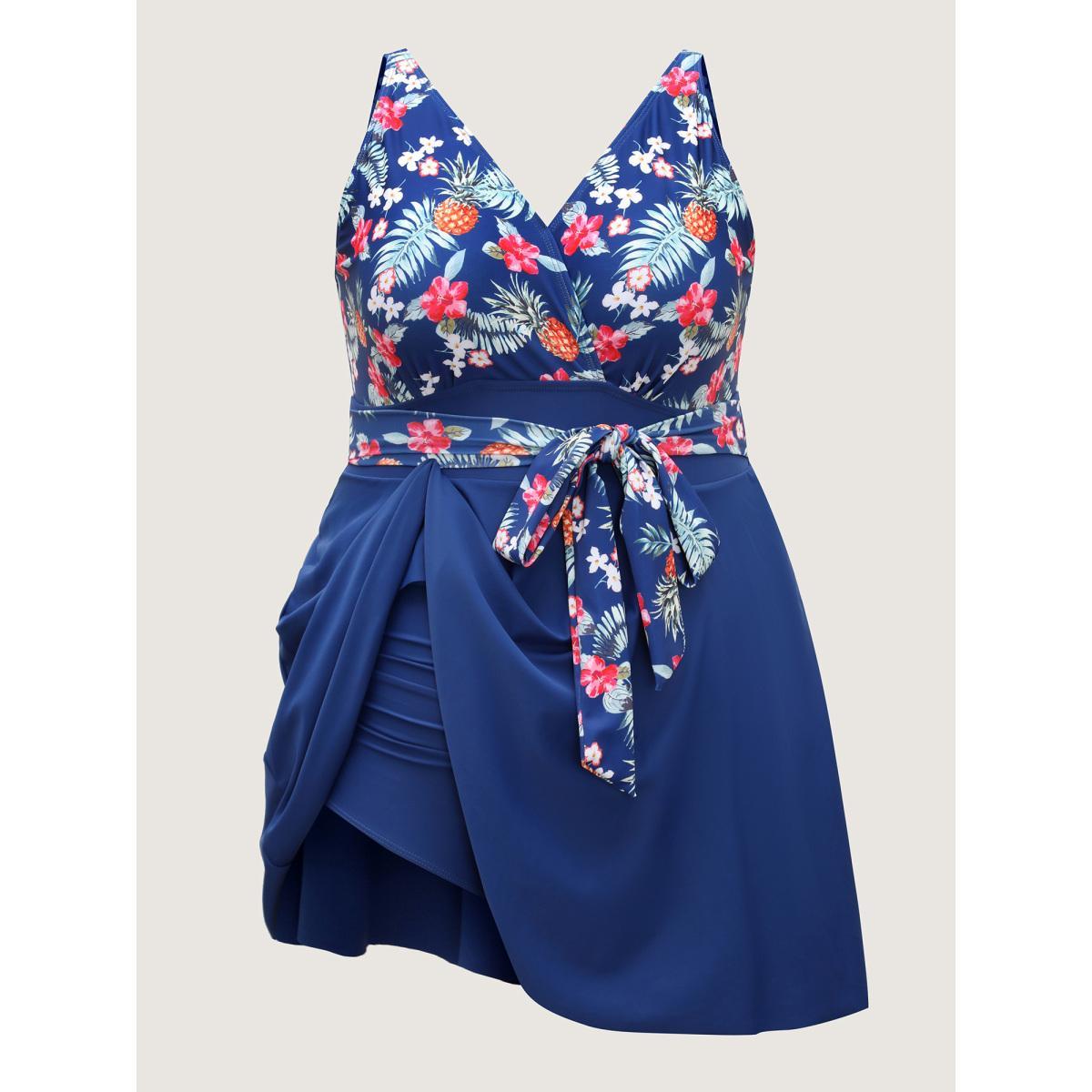Plus Size Tropical Floral Print Waist-Tie Swim Dress Women's Swimwear Mediumblue Beach Bodycon Overlap Collar High stretch Curve Swim Dresses BloomChic 18-20/2X Product Image