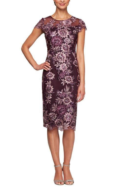 Alex Evenings Midi Length Embroidered Cap Sleeve Dress with Illusion Neckline and Scallop Detail Hem (Plum) Women's Dress Product Image