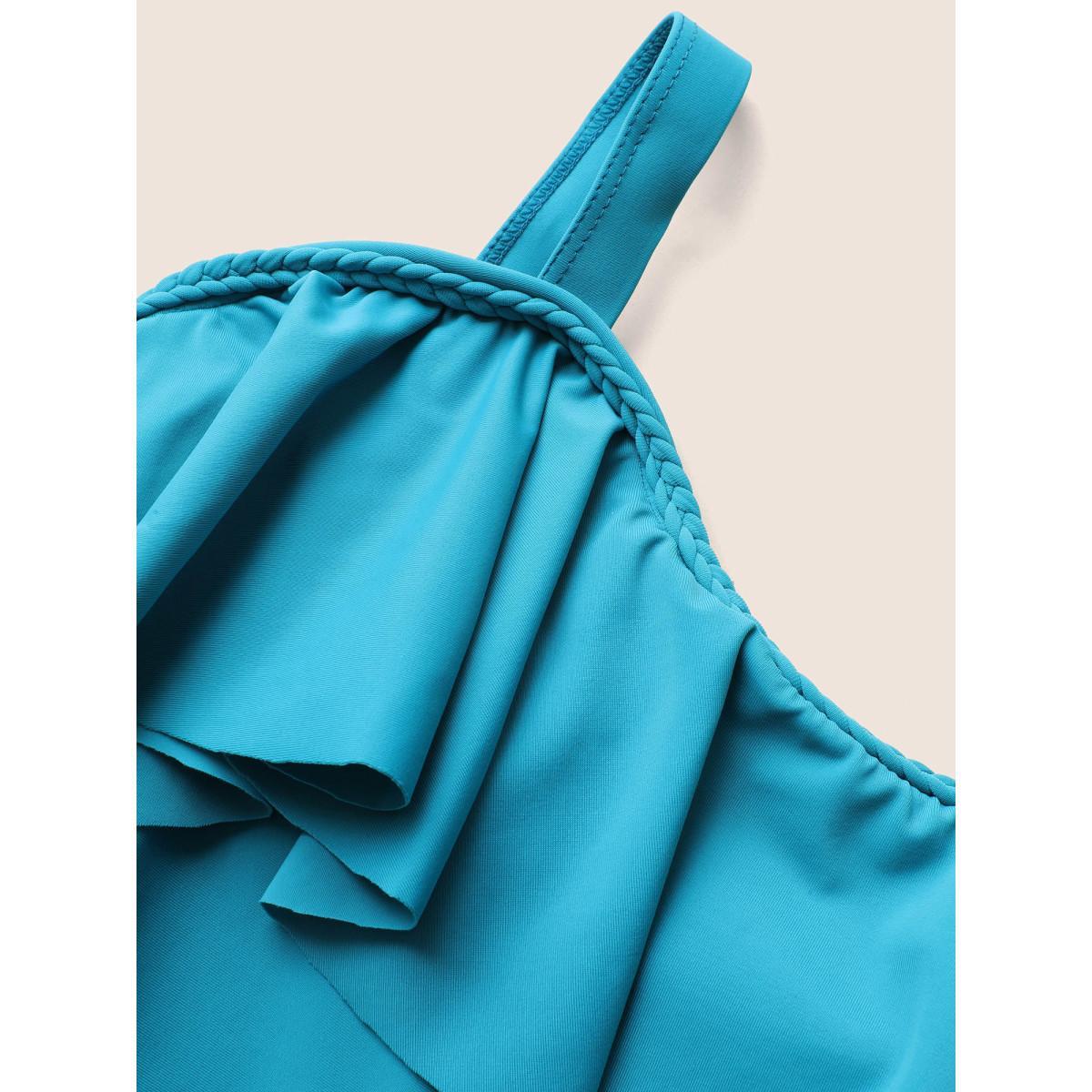 Plus Size Solid Ruffles Trim Adjustable Straps Swim Dress Women's Swimwear Teal Beach Bodycon Strapless High stretch Curve Swim Dresses BloomChic 22-24/3X Product Image