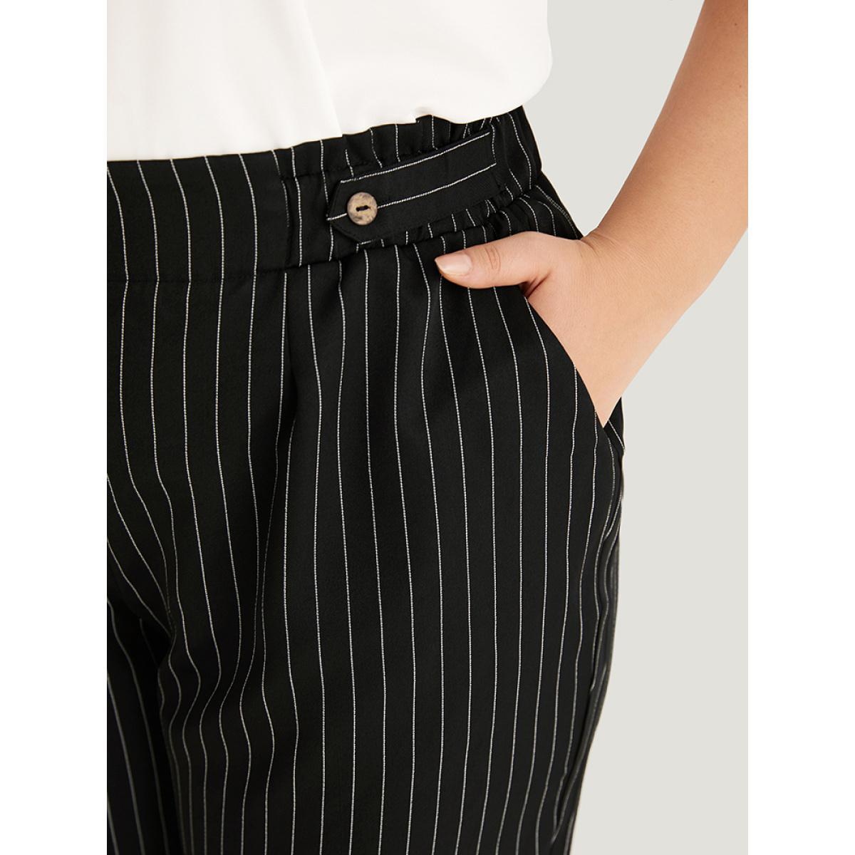 Plus Size Striped Button Detail Pocket Pleated Pants Women Black Office Straight Leg High Rise Work Pants BloomChic 26/4X Product Image