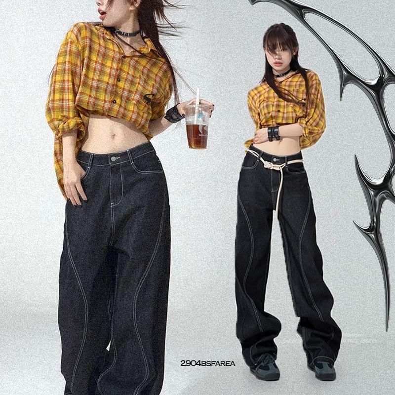 Low Waist Unwashed Panel Wide Leg Jeans (Various Designs) Product Image