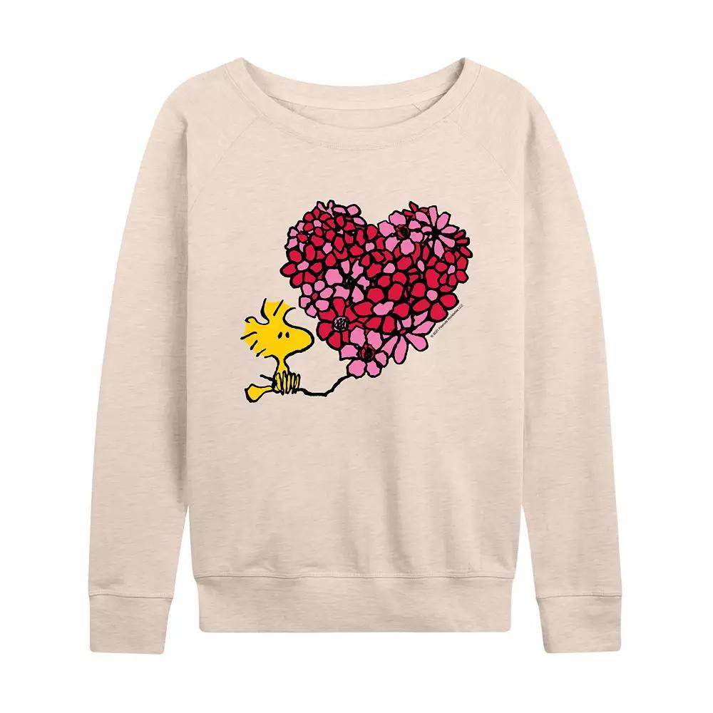Women's Peanuts Woodstock Floral Heart French Terry Long Sleeve Tee, Size: Small, Beige Product Image
