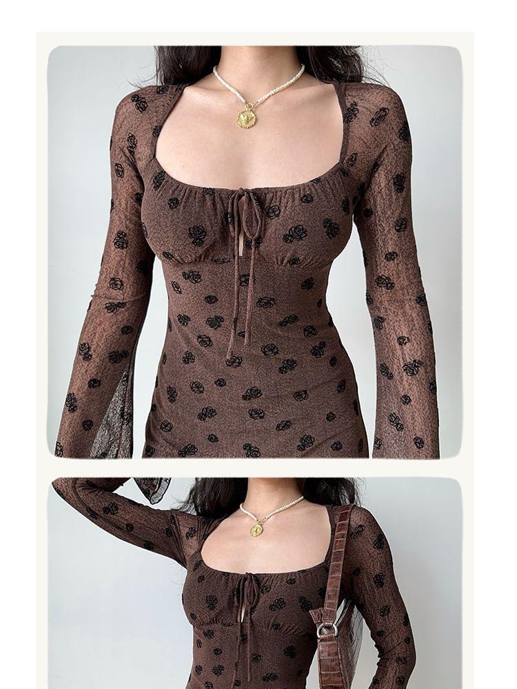 Long-Sleeve Scoop Neck Floral Jacquard Cutout Tie Front Mini Bodycon Dress Product Image