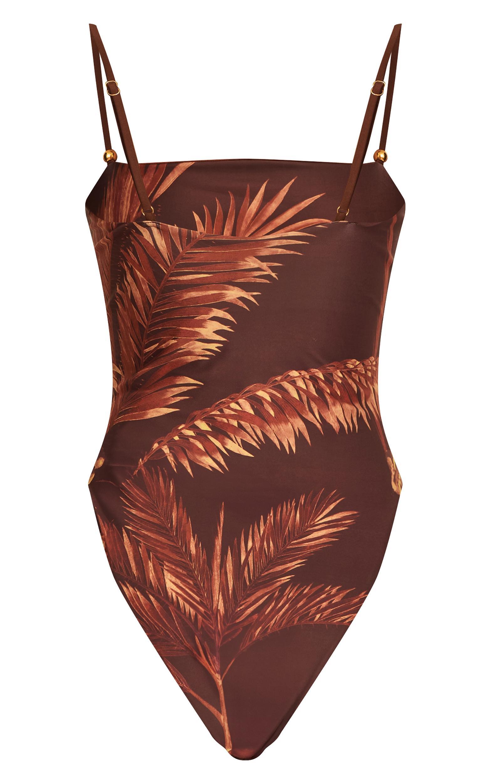 Chocolate Palm Print Strappy Swimsuit Product Image