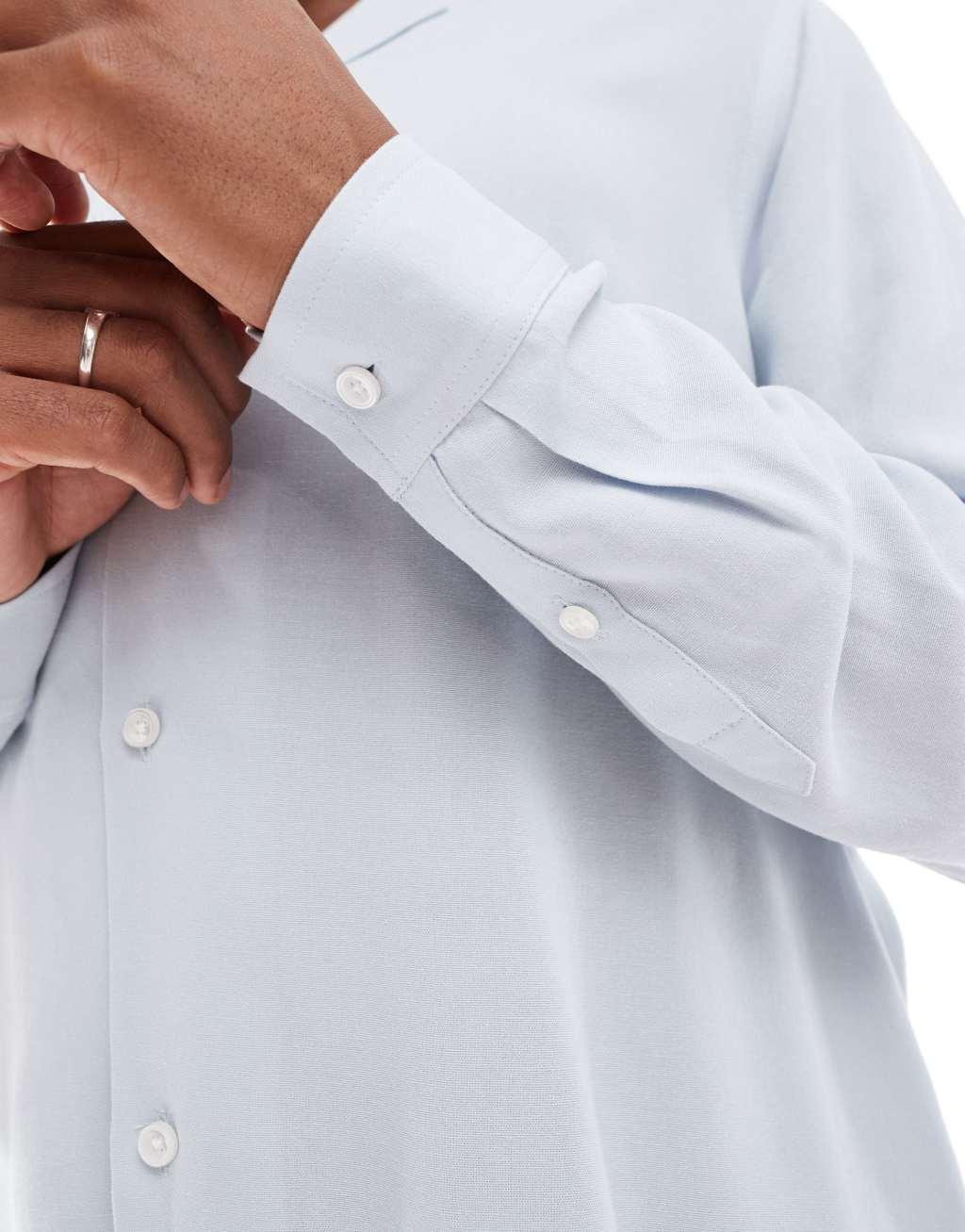 ASOS DESIGN oversized linen mix shirt with revere collar in blue Product Image