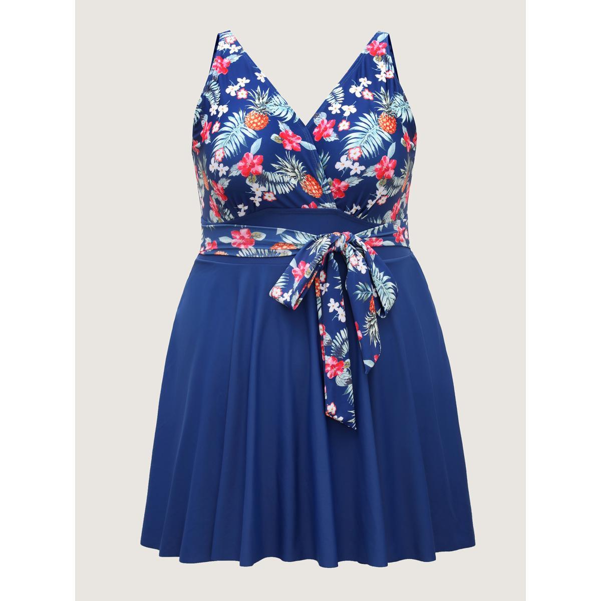 Plus Size Tropical Floral Print Waist-Tie Swim Dress Women's Swimwear Mediumblue Beach Bodycon Overlap Collar High stretch Curve Swim Dresses BloomChic 18-20/2X Product Image
