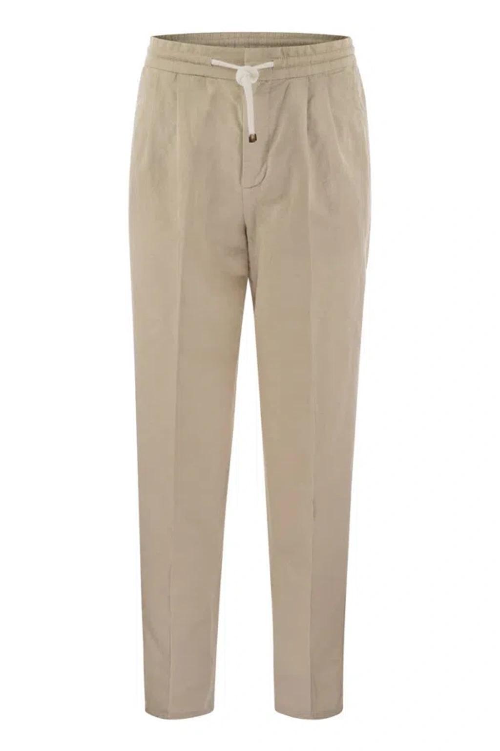 BRUNELLO CUCINELLI Leisure Fit Trousers In Linen And Cotton Gabardine In Beige Product Image