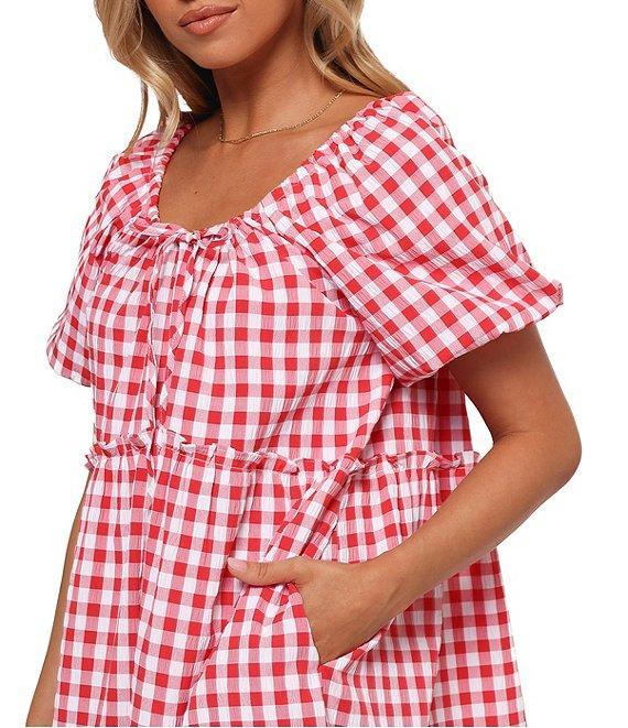 Petal & Pup Dorothea Gingham Round Neck Short Puff Smocked Ruffle Hem Mini Babydoll Dress Product Image