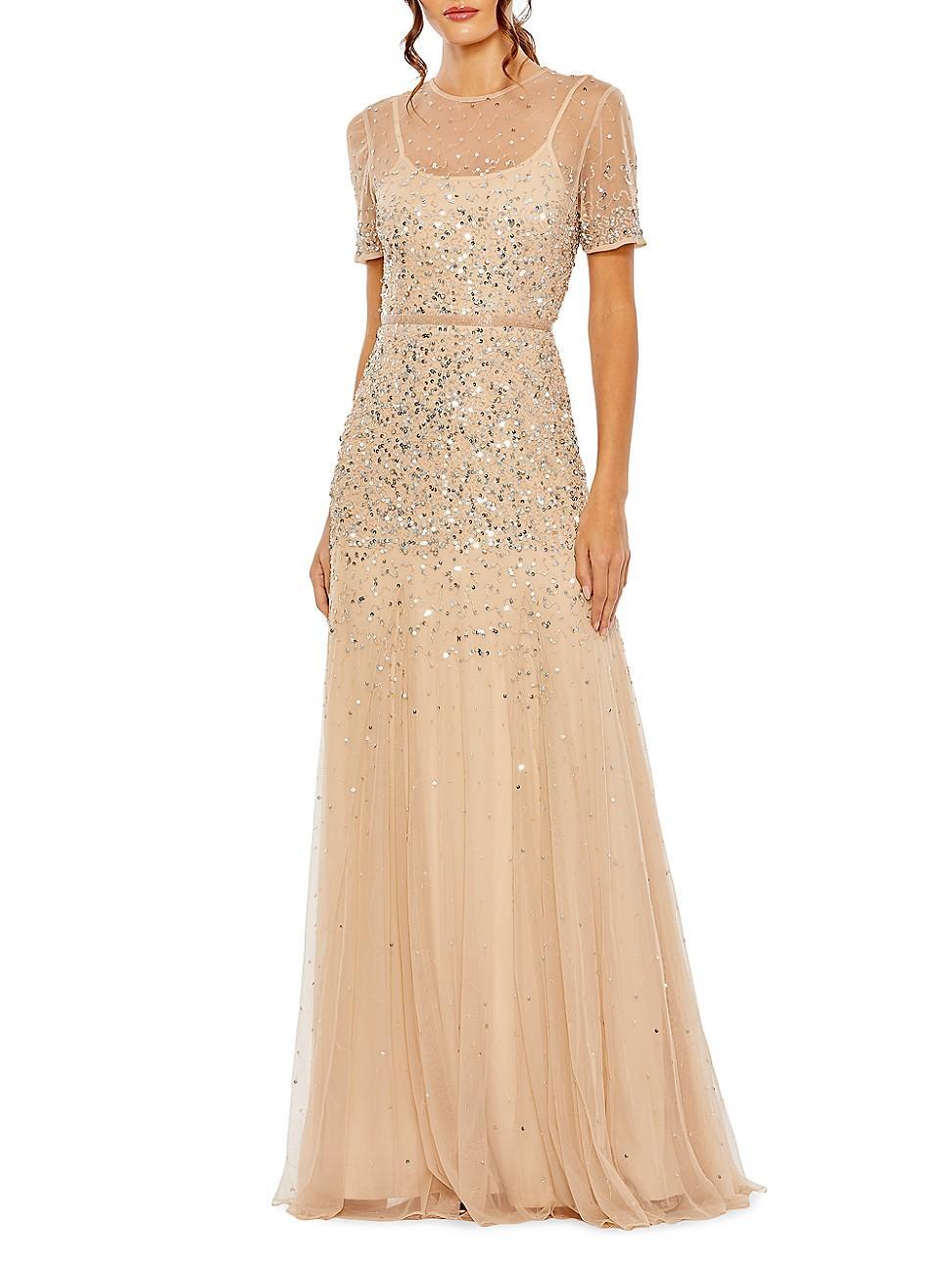 Mac Duggal Short Sleeve Illusion Neck Sequin Embellished A Product Image