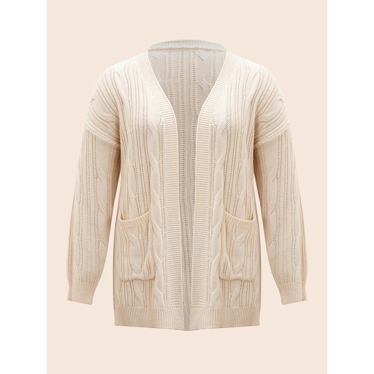 Plus Size Cable Knit Drop Shoulder Patch Pocket Cardigan Apricot Women Casual Loose Long Sleeve Everyday Cardigans BloomChic 12/L Product Image