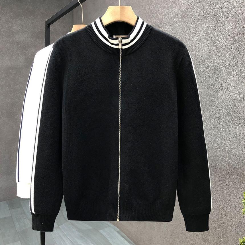 Mock Neck Striped Panel Zip-Up Cardigan Product Image